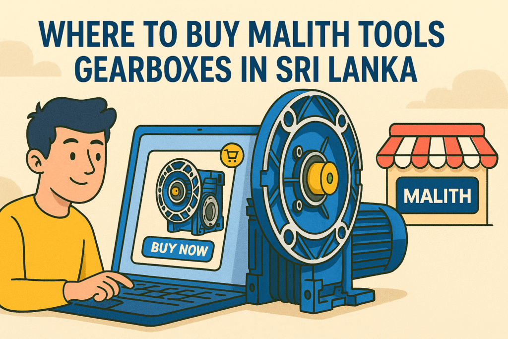 Cartoon-style illustration showing a person purchasing a Malith Tools gearbox online with a storefront icon in the background.